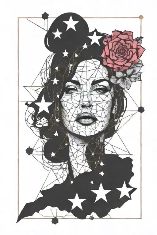 Helvetica woman posing, stars and flowers   tattoo design idea