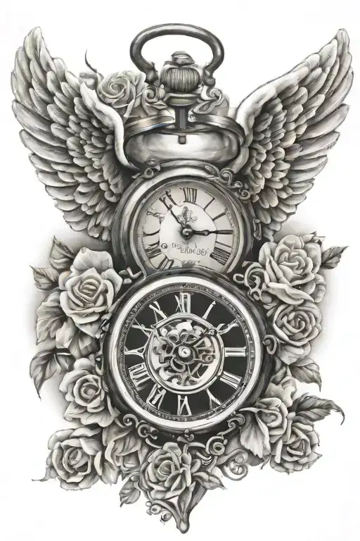 Baby angel miscarriage tattoos with clock tattoo design idea