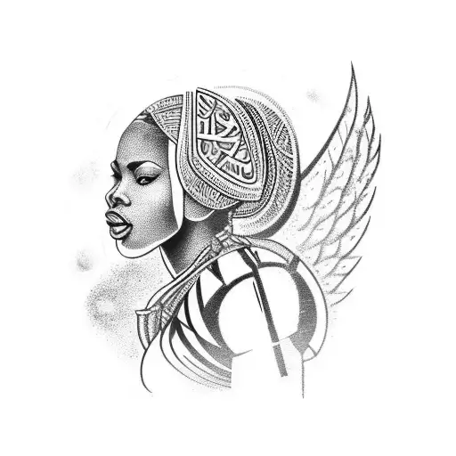 African warrior woman playing chess with an angel tattoo design idea