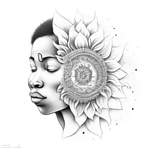 African warrior woman meditating under a sunflower-filled sky with tribal patterns tattoo design idea