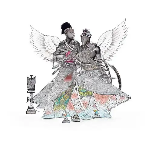 African warrior woman playing chess with an angel tattoo design idea