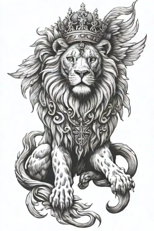 a lion wearing a crown a cross surrounded wings on the cross and shading tattoo design idea