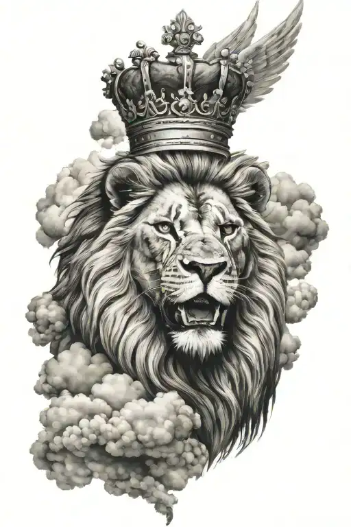 a lion with a crown and cross with wings and clouds  tattoo design idea