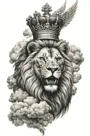 a lion with a crown and cross with wings and clouds  tattoo design idea