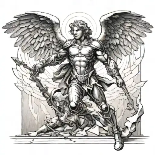 A modern interpretation of Archangel Michael battling the fallen angel in a futuristic setting tattoo design idea