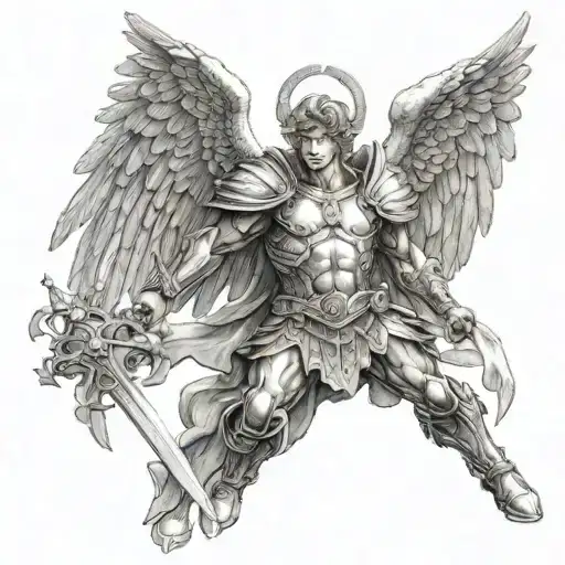 A detailed portrait of Archangel Michael in a fierce battle stance with the fallen angel in the background tattoo design idea