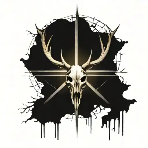 cross in background, beams of light rays coming from cross, Deer skull with antlers in front of cross tattoo design idea