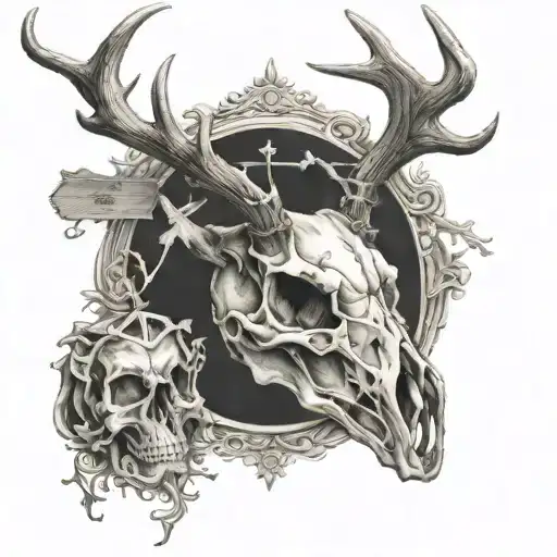 deer skull with cross in background black tattoo design idea