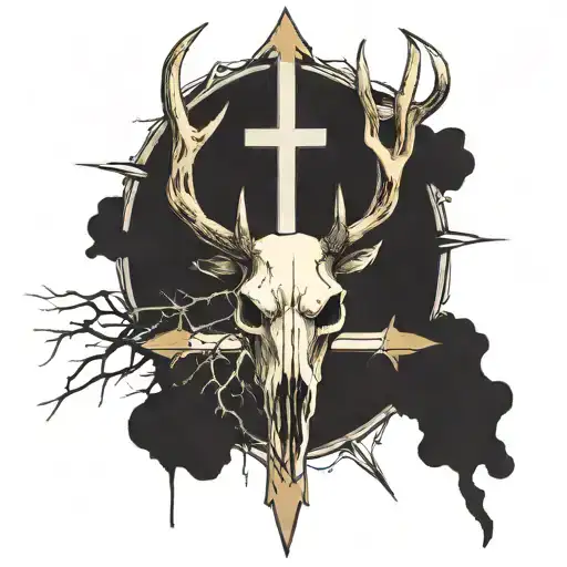 cross in background, beams of light rays coming from cross, Deer skull with antlers in front of cross tattoo design idea