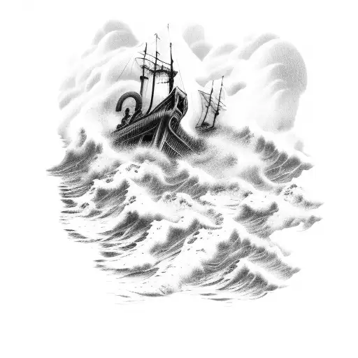 stormy sea with shipwreck on a mountainside with road nearby but up higher  tattoo design idea