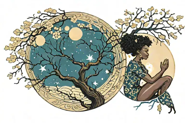 kintsugi tree tattoo as an African American woman with big moon and celestial stars in a circle  tattoo design idea