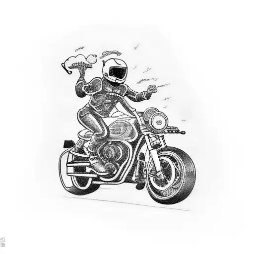 A tattoo of a motorbike racing through a pub filled with music notes and beer mugs tattoo design idea