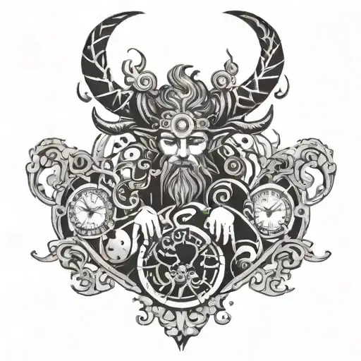 negative space horned god with entwined clocks looking to the right tattoo design idea