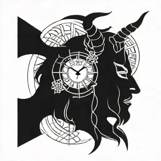 negative space horned god with entwined clocks tattoo design idea