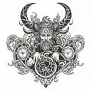 negative space horned god with entwined clocks looking to the right tattoo design idea