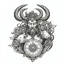 negative space horned god with entwined clocks looking to the right tattoo design idea