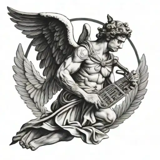 Greek god Apollo holding his harp with his wings out tattoo design idea