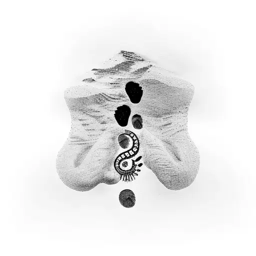 Black braslet with the words Footprints and photographs tattoo design idea