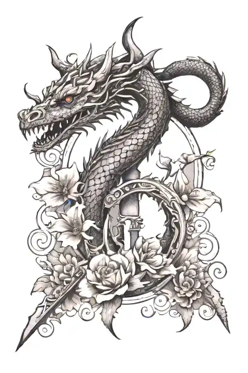 dragon round dagger with blossom flowers surrounding tattoo design idea