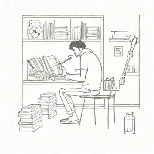 person sitting alone in a dimly lit room surrounded by books and music instruments, reflecting solitude and creativity tattoo design idea