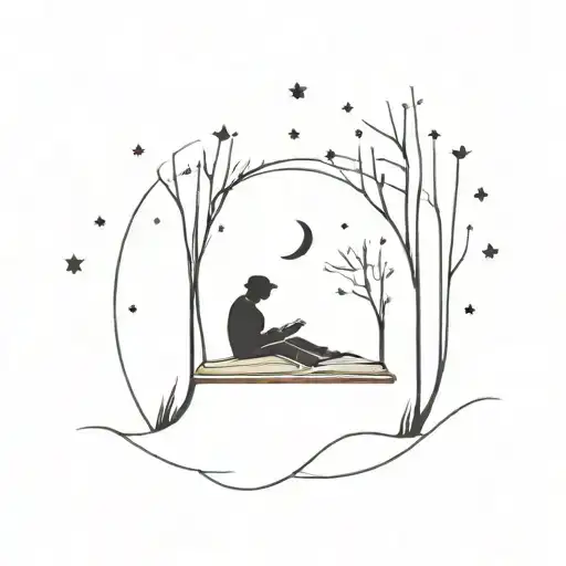 A minimalist tattoo of a silhouette reading a book under a starry night sky, representing the client's passion for literature and solitude tattoo design idea