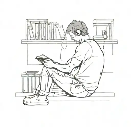 person sitting alone surrounded by books and music, reflecting solitude tattoo design idea