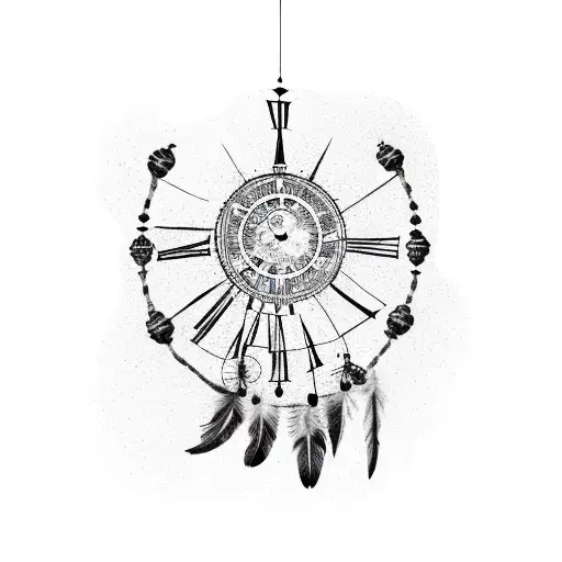 broken clock and dream catcher hanging tattoo design idea
