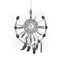 broken clock and dream catcher hanging tattoo design idea