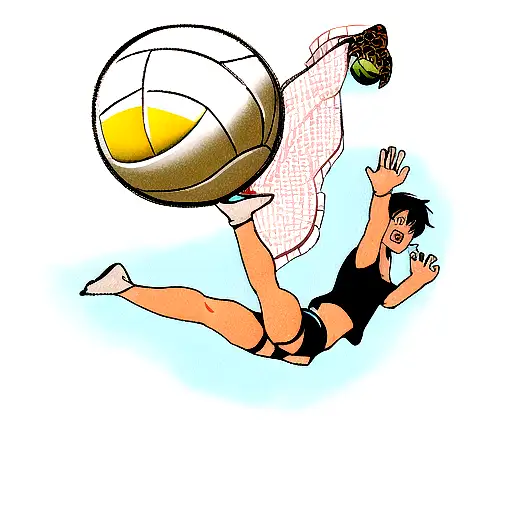 A volleyball player diving to save a sea turtle caught in a fishing net tattoo design idea