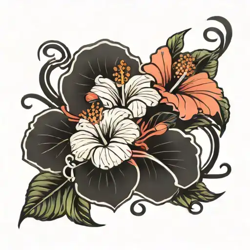 hibiscus and fishing hook intertwined tattoo design idea