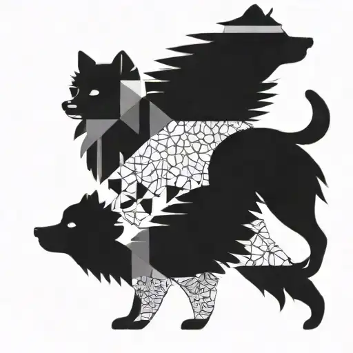 An abstract geometric pattern inspired by the movement of walking a dog, with hidden silhouettes of Pomeranians throughout tattoo design idea