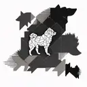 An abstract geometric pattern inspired by the movement of walking a dog, with hidden silhouettes of Pomeranians throughout tattoo design idea