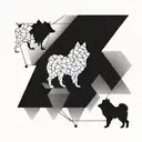 An abstract geometric pattern inspired by the movement of walking a dog, with hidden silhouettes of Pomeranians throughout tattoo design idea