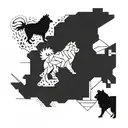 An abstract geometric pattern inspired by the movement of walking a dog, with hidden silhouettes of Pomeranians throughout tattoo design idea