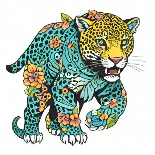 A surrealistic design featuring a jaguar walking through a field of vibrant flowers and surrounded by a flock of colorful birds tattoo design idea