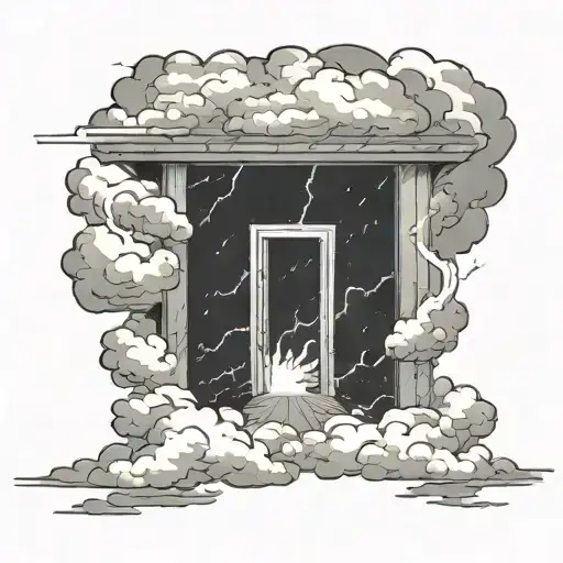 bouncy shaded clouds, with a door leading to space that is centered in the distance. person is falling with lightning  tattoo design idea