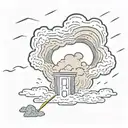 bouncy shaded clouds, with a door leading to space that is centered in the distance. person is falling with lightning  tattoo design idea