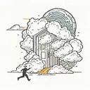 bouncy shaded clouds, with a door leading to space that is centered in the distance. person is falling with lightning  tattoo design idea