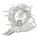 bouncy shaded clouds, with a door leading to space that is centered in the distance. person is falling with lightning  tattoo design idea