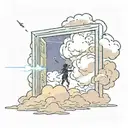 bouncy shaded clouds, with a door leading to space that is centered in the distance. person is falling with lightning  tattoo design idea