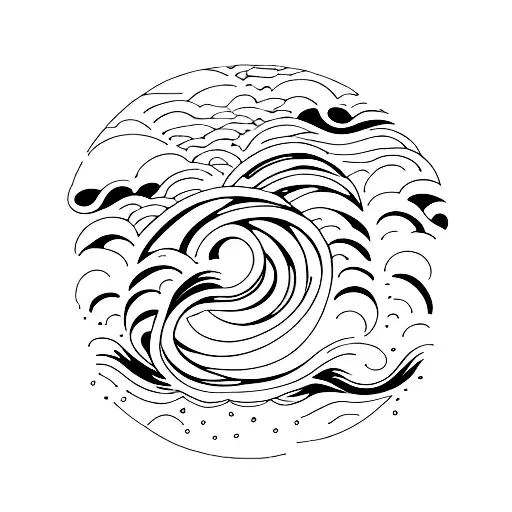 A minimalist tattoo of Teide, a beach, and waves merging together in a surrealistic design, letter G tattoo design idea