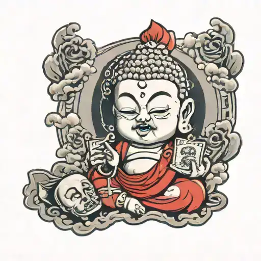 Cutthroat in red cursive with dark clouds and a portrait of baby Buddha holding money with an evil face tattoo design idea