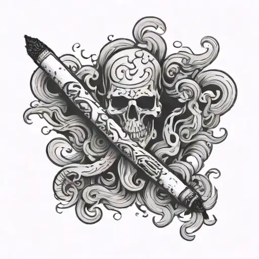 A cigarette with 70s heavy metal band logos as the smoke swirling around it tattoo design idea