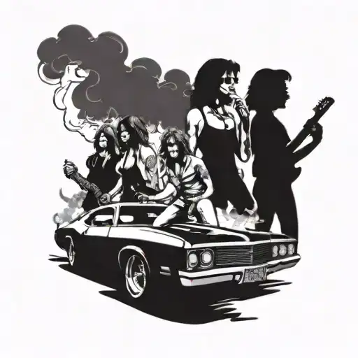 A 70s rock band lineup playing on the roof of a muscle car, with smoke billowing around them tattoo design idea