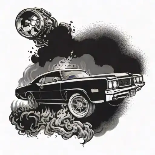 A cop car chasing a muscle car through a fiery 70s heavy metal concert scene tattoo design idea