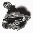 A cop car chasing a muscle car through a fiery 70s heavy metal concert scene tattoo design idea