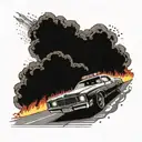 A cop car chasing a muscle car through a fiery 70s heavy metal concert scene tattoo design idea