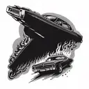 A cop car chasing a muscle car through a fiery 70s heavy metal concert scene tattoo design idea
