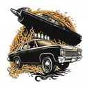 A cop car chasing a muscle car through a fiery 70s heavy metal concert scene tattoo design idea