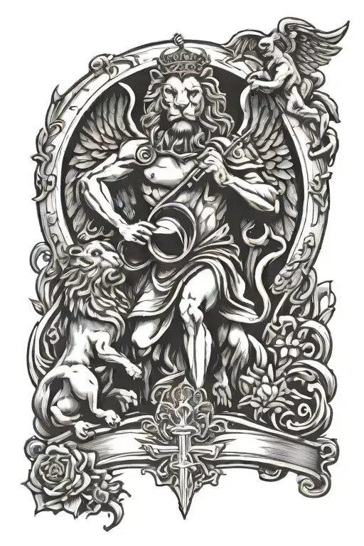lion and cross and angel holding trumpet  tattoo design idea